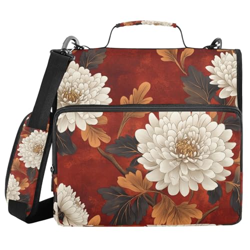 Quteprint Bindertasche mit Reißverschluss, weißes Chrysanthemenblatt-Muster, 3,8 cm, 3-Ringbuch und mehrere Taschen, 500 Blatt Kapazität, erweiterbarer Aktenordner mit Schultergurten und Griffen, für Quteprint Bindertasche mit Reißverschluss, weißes Chrysanthemenblatt-Muster, 3,8 cm, 3-Ringbuch und mehrere Taschen, 500 Blatt Kapazität, erweiterbarer Aktenordner mit Schultergurten und Griffen, für von Quteprint