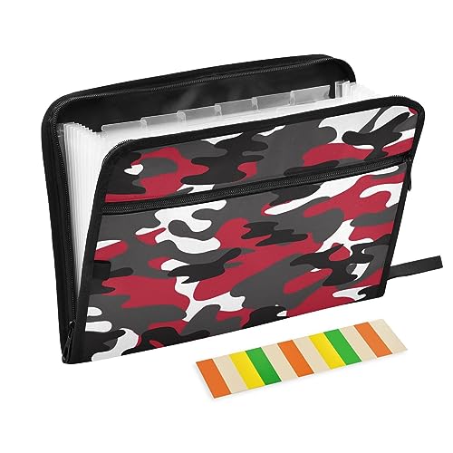 Quteprint Fächermappe mit 13 Fächern, mit Reißverschluss, Akkordeon-Aktenordner mit Klebeetiketten, A4-Papier, erweiterbarer Dokumenten-Organizer in Camouflage-Tarnmuster, Rot von Quteprint