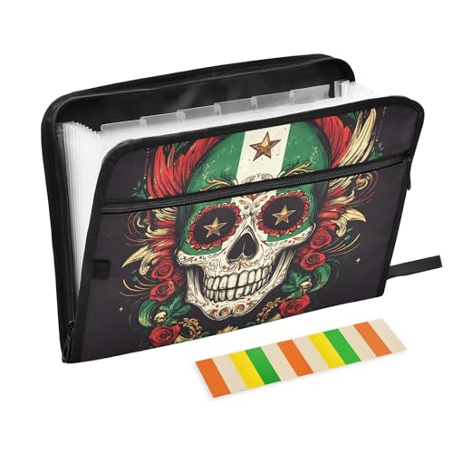 Quteprint Fächermappe mit 13 Fächern, mit Reißverschluss, Totenkopf-Blume, mexikanische Flagge, Akkordeon-Aktenordner mit Klebeetiketten, A4-Papier, erweiterbarer Dokumenten-Organizer Quteprint Fächermappe mit 13 Fächern, mit Reißverschluss, Totenkopf-Blume, mexikanische Flagge, Akkordeon-Aktenordner mit Klebeetiketten, A4-Papier, erweiterbarer Dokumenten-Organizer von Quteprint