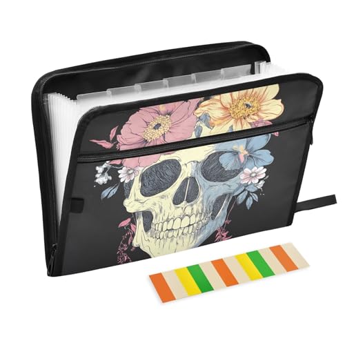 Quteprint Fächermappe mit 13 Fächern, mit Reißverschluss, Totenkopf-Blumen, Akkordeon-Aktenordner mit Klebeetiketten, A4-Papier, erweiterbarer Dokumenten-Organizer Quteprint Fächermappe mit 13 Fächern, mit Reißverschluss, Totenkopf-Blumen, Akkordeon-Aktenordner mit Klebeetiketten, A4-Papier, erweiterbarer Dokumenten-Organizer von Quteprint