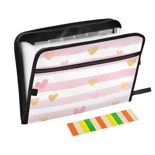 Quteprint Fächermappe mit 13 Fächern, mit Reißverschluss, gestreift, Rosa / Gold, Herzen, Akkordeon-Aktenordner mit Klebeetiketten, Briefformat, A4-Papier, erweiterbarer Dokumenten-Organizer Quteprint Fächermappe mit 13 Fächern, mit Reißverschluss, gestreift, Rosa / Gold, Herzen, Akkordeon-Aktenordner mit Klebeetiketten, Briefformat, A4-Papier, erweiterbarer Dokumenten-Organizer von Quteprint