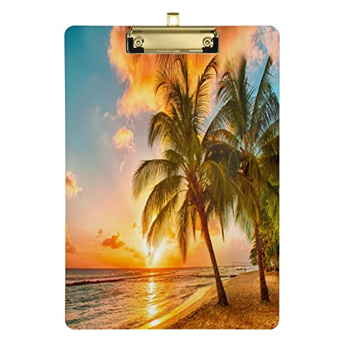 Sea Ocean Klemmbrett mit Palme und Sonnenuntergang für Kinder, Jungen, Mädchen, stilvolles Standard-A4-Briefgröße, 22,9 x 31,8 cm, Acryl-Klemmbrett mit flachem Profil, silberfarbener Metallclip für von Quteprint