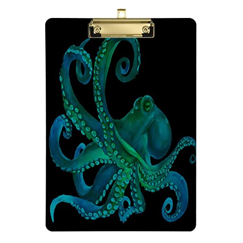 Sea Ocean Octopus Aquarell-Klemmbrett für Kinder, Jungen, Mädchen, stilvolles Standard-A4-Briefgröße, 22,9 x 31,8 cm, Acryl-Klemmbrett mit flachem Profil, silberfarbener Metallclip für von Quteprint