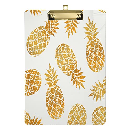 Tropisches Klemmbrett mit goldenem Ananas-Design für Kinder, Jungen, Mädchen, stilvolles Standard-A4-Format in Briefgröße, 22,9 x 31,8 cm, Acryl-Klemmbrett mit flachem Profil, Metall-Goldclip für von Quteprint