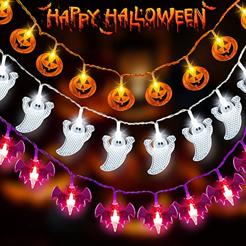 Quunoot Lichterkette,3 Stück 3M 20 LED ,2 Modi Außen Kürbis, Geister, Fledermaus Anhänger für Halloween Deko Party Garten von Quunoot