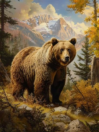 DIY 5D Diamant Malerei Set Bohren Voll Grizzly Bear Mountains Bäume Bild Diamond Painting Crystal Strass Diamant Gemälde Arts Craft Perfekt Für Entspannung Und Wand Decor Platz Drill 45x60cm AC1591 von Quxaoqiao