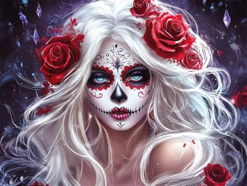 DIY 5D Diamant Malerei Set Bohren Voll Skeleton Makeup Girl Roses Bild Diamond Painting Crystal Strass Diamant Gemälde Arts Craft Perfekt Für Entspannung Und Wand Decor Platz Drill 55x75cm AC2740 von Quxaoqiao