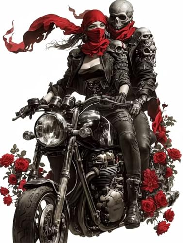 DIY 5D Diamant Malerei Set Bohren Voll Skull Rider Couple Red Rose Bild Diamond Painting Crystal Strass Diamant Gemälde Arts Craft Perfekt Für Entspannung Und Wand Decor Platz Drill 55x75cm AC2748 von Quxaoqiao