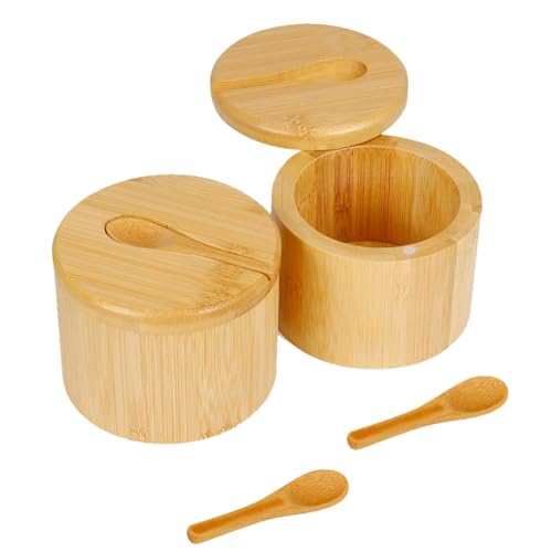 Qwertfeet 2 Stück Bambus-Salzstreuer, Aufbewahrungsbox mit magnetischem Drehdeckel und Löffel für Pfeffer, Tafelsalz, Gourmetsalz und von Qwertfeet