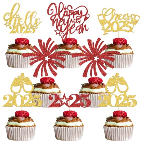 2025 Happy New Year Cupcake Topper, Hello 2025, Cheers to 2025 New Year, New Years Eva Decorations 2025, Welcome 2025 New Year Holiday Theme Birthday Anniversary Party Supplies Gold Red Glitter von Qxcv