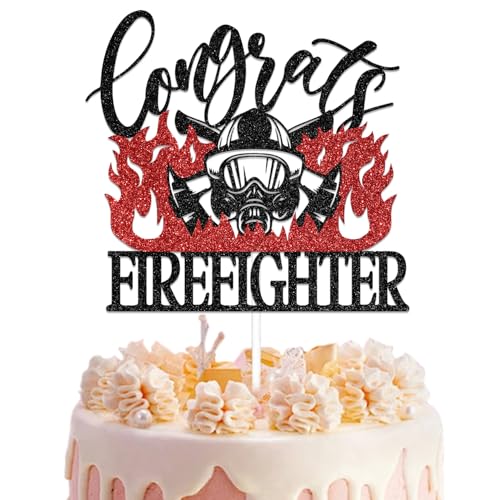 Congrats Firefighter Cake Topper, Future Feuerwehrmann Kuchendekoration, Feuerwehrmann Abschlussfeier Dekorationen Feuerwehrmann Abschlussfeier Party Supplies Rot Schwarz Glitzer von Qxcv