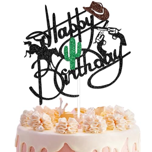 Cowboy Happy Birthday Cake Topper, Western Cowboy Geburtstag Party Dekoration, Little Cowboy Baby Shower Kuchen Dekoration, Cowboy Thema Geburtstag Junggesellenabschied Supplies Schwarz Glitzer von Qxcv