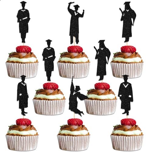 Cupcake-Topper mit Aufschrift "Congrats Grad", Party-Dekoration, Klasse 2025 "We Will Miss You", 2025 Abschlussfeier, Party-Dekoration, Congratulations You Did It Supplies, schwarzer Glitzer, 24 Stück von Qxcv