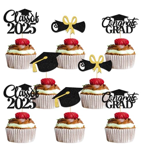 Cupcake-Topper mit Aufschrift "Congrats Grade", Klasse 2025, Abschlussfeier, Party-Dekoration, 2025 mit Aufschrift "We Are so Proud of You", 2025 Congrats Grad, Schwarz / Gold Glitzer von Qxcv