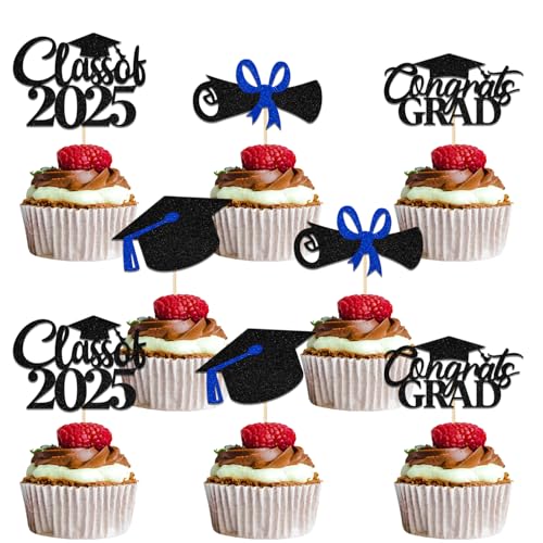 Cupcake-Topper mit Aufschrift "Congrats Grade", Klasse 2025, Abschlussfeier, Party-Dekoration, 2025 mit Aufschrift "We Are so Proud of You", 2025 Congrats Grade Cap Supplies Schwarz Blau Glitzer von Qxcv