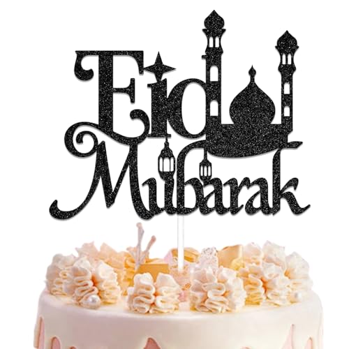 Eid Mubarak Cake Topper, Umrah Mubarak Cake Topper, Eid Birthday Party Dekoration, Muslimische Islamische Party Dekoration, Ramadan Supplies für Zuhause Schwarz Glitzer von Qxcv