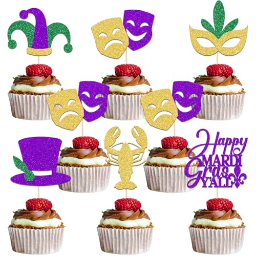 Happy Mardi Gras Y'all Cupcake Topper, Happy Mardi Gras Birthday Cupcake Topper, Maskerade Masken Party Dekoration, Karneval Motto Geburtstag Junggesellinnenabschied Supplies Gold Grün Lila Glitzer von Qxcv