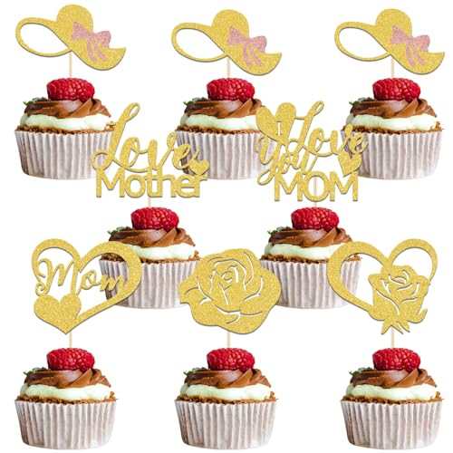 Happy Mother's Day Cupcake Topper, Best Mom Ever, First Mother's Day Decorations, Heart Love Mom Birthday Party Decoration, Flower Heart Theme Mother's Day Party Supplies Gold Glitter von Qxcv