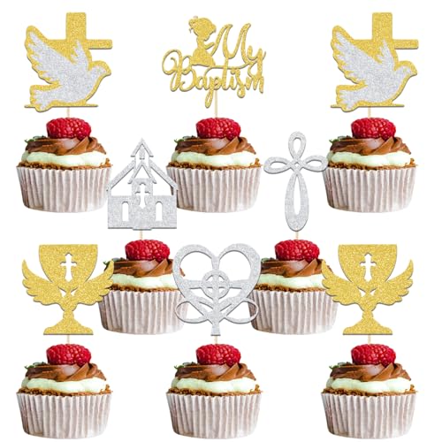 My Baptism Cupcake Schmuck Erstkommunion Feier, Baby Shower, Gottes Segen Mi Primer Comunión Fahnen Konfirmation, Taufdeko für Mädchen, Jungen, Materialien gold von Qxcv