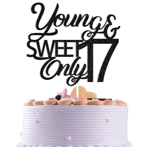 Tortenaufsatz mit Glitzer, Motiv Young & Sweet Only 17, Happy 17th Birthday Dekoration für Junge Mädchen, 17. Kuchendekorationen, 17 Jahre Geburtstag, Jahrestag, Party-Dekorationen von Qxcv