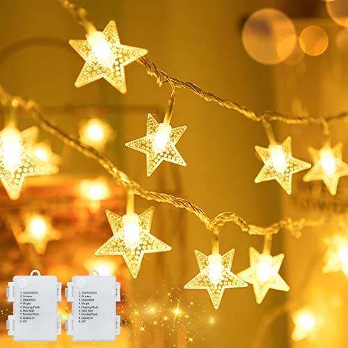 Qxmcov Sternen Lichterkette, Lichterkette Außen Batterie 2 Stück 5M 50 LED Sternen Lichterkette Außen Innen Weihnachten Lichterketten Batterie Warmweiß mit 8 Modi für Weihnachten Hochzeit Party Deko von Qxmcov