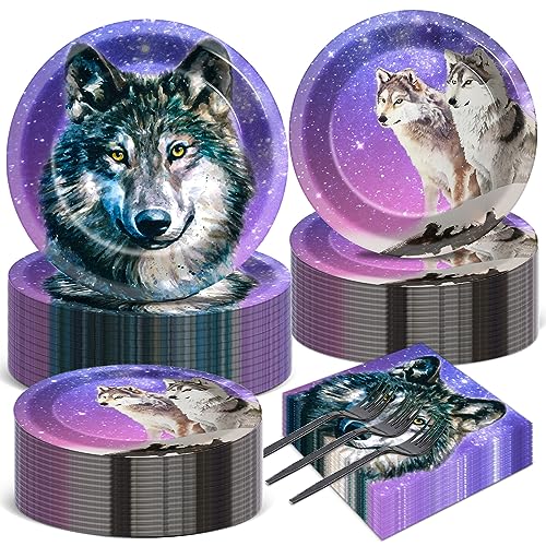 50 Gäste Wolf Party Teller und Servietten Party Dekorationen Geschirr Set Wolf Geburtstag Party Supplies Galaxy Wolf Tier Themed Party Dekorationen Geschirr Gastgeschenke Zubehör für Kinder Jungen von Qyeahkj