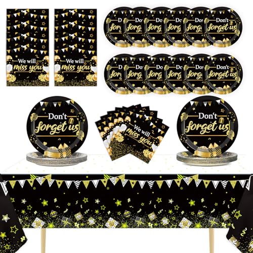 We Will Miss You Party Supplies Serves 24 Abschiedsparty Pappteller Servietten Going Away Einweg-Tischdecken-Set Geschirr-Set Schwarz und Gold Goodbye Party Supplies für Abschied Ruhestand Party von Qyeahkj