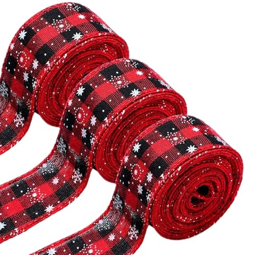 Qyljeiwred Drahtgebundenes Weihnachtsband – Baumdekoration, Büffelkariert, Drahtband, 3 Rollen, Büffelkariert, Jute, Drahtkante, Weihnachtsbaumschmuck, Webband für Hochzeit, Partys, Urlaub von Qyljeiwred