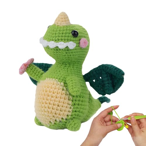 Qyljeiwred Häkeltier-Sets für Kinder, Häkelset mit grünem Drachen-Design, komplettes Häkel-Start-Set, farbechte Garne, Bastelkunst von Qyljeiwred