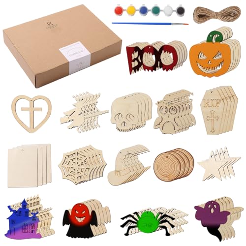 60-teiliges Halloween-Bastelset aus Holz – Halloween-Holzausschnitte, hängende Ornamente, Halloween-Dekorationen, Halloween-Partyzubehör, Bastelparty, Gastgeschenk, Familie, Schule, Aktivitäten, von RACIOCK