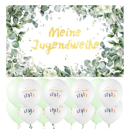 RAFIYU Jugendweihe Deko, Jugendweihe Banner ist mit - Meine Jugendweihe, Luftballons mit - Endlich Erwachsen, Alles Gute zur Jugendweihe Eukalyptus Hanging Deko für Junge und Mädchen Erwachsenenparty von RAFIYU