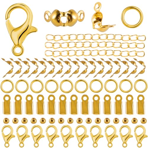 RAFIYU Schmuckherstellung Zubehör 1250 Stück,Kettenverschluss，Armband Verschlüsse,Einschließlich Offener Sprungringe, Karabinerhaken und Perlenknotenabdeckungen für DIY-Schmuck Handwerk(Gold) von RAFIYU