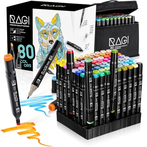 RAGI Alkohol Marker Stifte Set - 80 Twin Marker in Intensive Farben - Filzstifte Doppelseitig zum Malen von Illustrationen, Schnell Trocknend, Wasserfest und Sicher - Set mit Basis in Schwarzer Tasche von RAGI