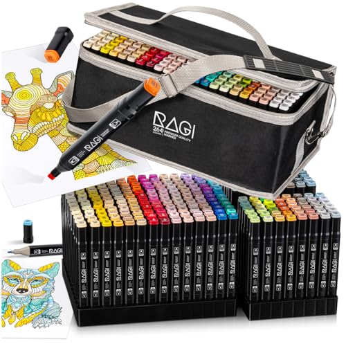 RAGI Alkoholmarker Set - 264 Alkohol Stifte & Filzstifte für Profis und Anfänger, Perfekt für Manga, Sketchbook, Malbuch und Zeichnen, Ideal für Kinder und Erwachsene, Inklusive Weiches Etui von RAGI