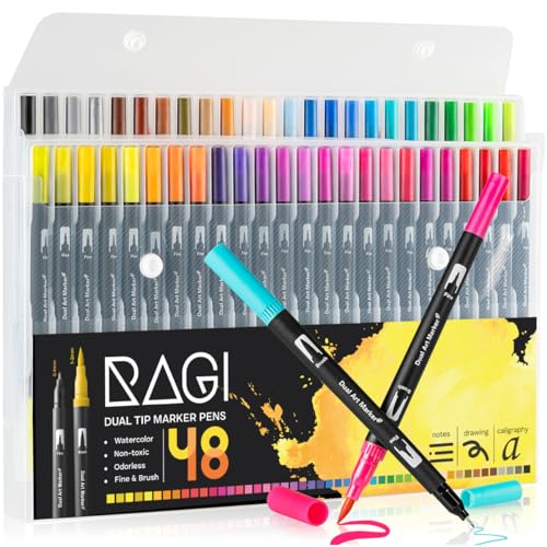 RAGI Aquarellmarker Set 48 Pinselstifte - Dual Brush Pen - Aquarellstifte für Erwachsene und Kinder - Filzstifte Set zum Wasservermalbar - Malset für Handlettering Stifte von RAGI