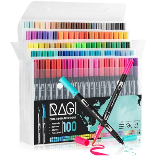 RAGI Pinselstifte Set 100 Aquarellstifte - Filzstifte für Erwachsene und Kinder - Aquarellmarker - Dual Brush Pen für Malbuch, Zeichnung, Kalligraphie, Comic von RAGI