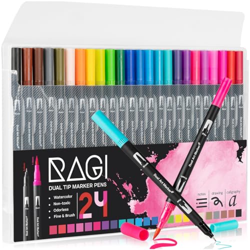 RAGI Pinselstifte Set 24 Aquarellstifte - Filzstifte für Erwachsene und Kinder - Aquarellmarker - Dual Brush Pen für Malbuch, Zeichnung, Kalligraphie, Comic von RAGI