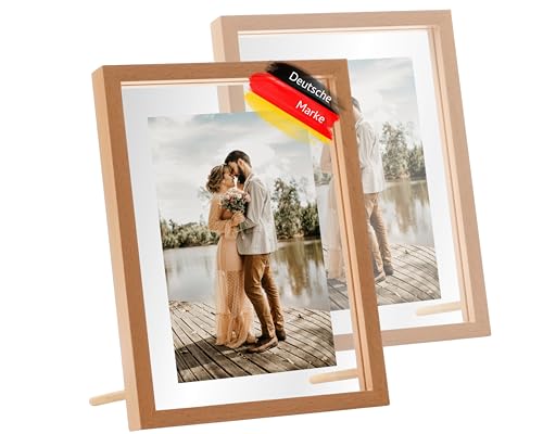 RAHMENWERK® 2er Set Doppelglas Bilderrahmen für Fotos 10x15 cm | 9x13 Holz Buche | Schwebend | Natur Holzbilderrahmen | Fotorahmen Picture Frame | Vintage | Collage von RAHMENWERK