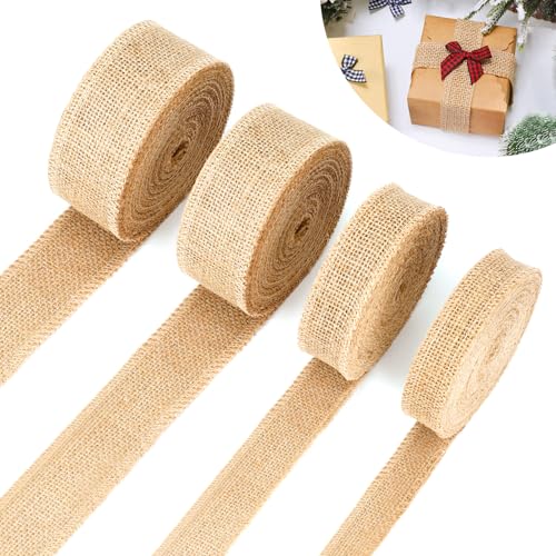 4 Rollen Juteband Breit 2.5/3/4/5cm×10m, Geschenkband Juteband Natur, Sackleinen Band als Dekoband für Geschenkverpackung, DIY Handwerk, Leinenband Breit für Hochzeit, Weihnachten(10m/Rollen) von RAKUTE