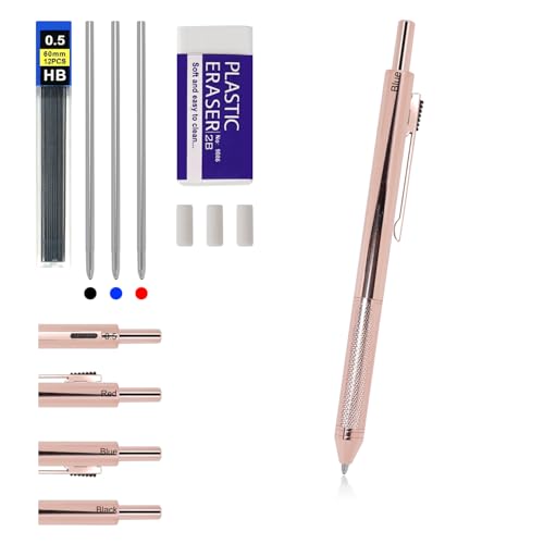 RANBOS 4-in-1 Vierfarben-Multifunktionsstift, schwarz/rot/blauer Kugelschreiber und 0,5 mm Druckbleistift, Metalletui, tolles Geschenk für Freunde, Lieben (Roségold) von RANBOS