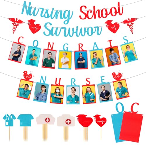 Glitzer-Abschluss-Foto-Banner-Set "Congrats Nurse Graduation Party Decorations Nursing School Survivor Banner Nursing Degree Congratulation Party Favors with 24pcs Cake Toppers, Nurse Blue & Blood Red von RANERVZ