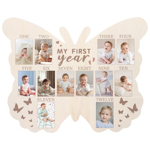 RANERVZ My First Year Photo Display Wood, First Year Picture Frame 12 Months Milestone Board Baby Picture Frame 1st Birthday Nursery Decorations for Baby Keepsake Gift for Mom (Butterfly) von RANERVZ