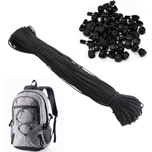 RANJIMA 30m Elastische Gummischnur - 3mm Elastische Kordel, Elastische Dehnbare Schnur Mit 25 Reißverschluss Pull Cord Lock Cord,25 Doppel-Loch Frühling für Rucksack, Schnürsenkel, DIY, Wäscheleinen von RANJIMA