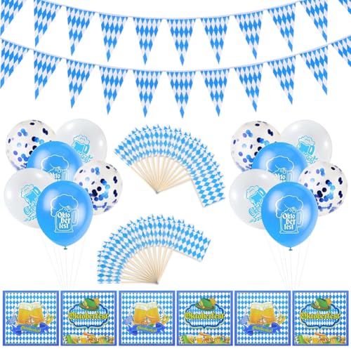 RANJIMA 78 Stück Oktoberfest deko Set, Bayrische Wiesn Dekoration, 40 Bayrische Servietten +12 Latexballon +1* 10m Bayern Wimpelkette +25 Flaggenpicker Tortendeko, für Bierzelten Bier Festival München von RANJIMA