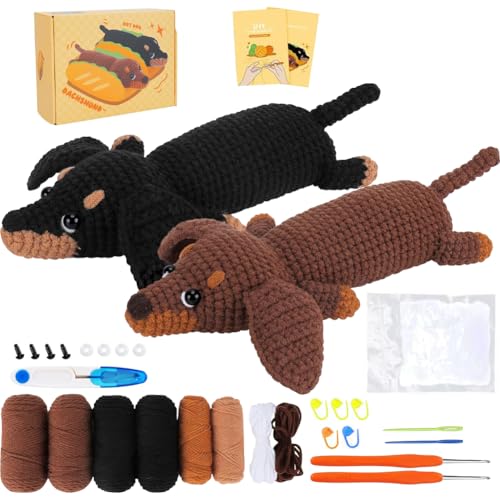 RANJIMA Häkelnadel-Set für Anfänger,Tiere Häckeln Stricken mit Anleitung,Komplettes Häkelset Dackel Hund,Starter Häkeln Tiere Set mit Häkelnadeln,Garn,Füllung,Kreativ Hunde Strickset für Geschenk von RANJIMA