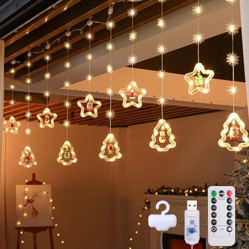 RANJIMA LED Weihnachtsbeleuchtung Fenster, 3M Weihnachtsdeko Sterne Lichtervorhang 8 Modi USB Fenster Beleuchtet Hängende Lichterkette Schneeflocken Deko Innen für Fensterdeko Weihnachten, Warmweiß von RANJIMA