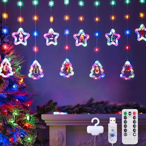 RANJIMA LED Weihnachtsbeleuchtung Fenster, 3x0.5M Weihnachtsdeko Sterne Lichtervorhang 8 Modi USB Fenster Beleuchtet Hängende Lichterkette Schneeflocken Deko Innen für Fensterdeko Weihnachten, Bunt von RANJIMA