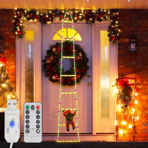 RANJIMA LED Weihnachtsmann Leiter Lichterkette, 1.7 M 8 Modi LED Weihnachtsbeleuchtung USB-Betriebene mit Fernbedienung, Weihnachtsmann Auf Leiter für Innen Außen Weihnachtsbaum Weihnachten Deko, Bunt von RANJIMA