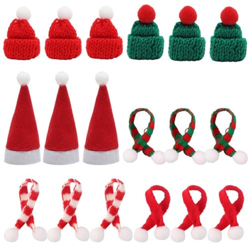 RANJIMA 18 Stück Mini Weihnachtsmütze und Schal Set, Mini Weihnachten Strickmütze Weihnachts Weinflasche Abdeckung Topper Hut Puppen Hut Klein Nikolausmütze für Tischdeko Flaschendeko Weihnachtsfeiern von RANJIMA