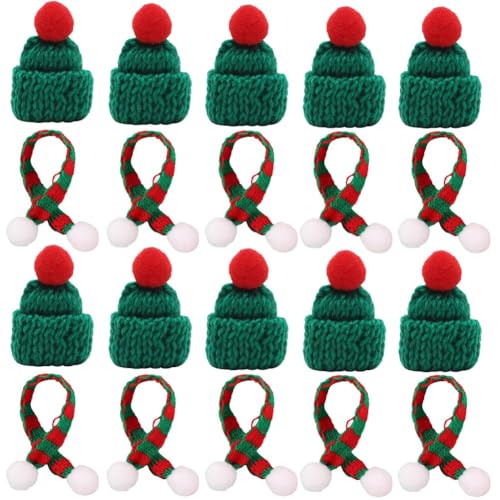 RANJIMA 20 Stück Mini Weihnachtsmütze und Schal Set, Mini Weihnachten Strickmütze Weihnachts Weinflasche Abdeckung Topper Hut Puppen Hut Klein Nikolausmütze für Tischdeko Flaschendeko Weihnachtsfeiern von RANJIMA